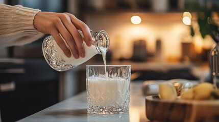 Hand pouring milk into glass in cozy kitchen setting