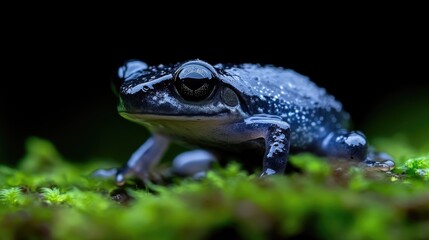 Obraz premium Close-up of a small, dark blue frog perched on moss