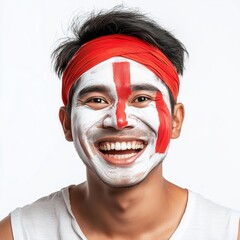 Portrait of a smiling Indonesian man with face painted in the national flag colors of red and white, wearing a red headband, isolated on white background