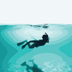 Naklejka premium Silhouette of Snorkeler in Ocean Flat Vector Illustration of Underwater Adventure