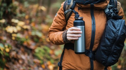 Young caucasian female hiker with backpack holding thermos in autumn forest