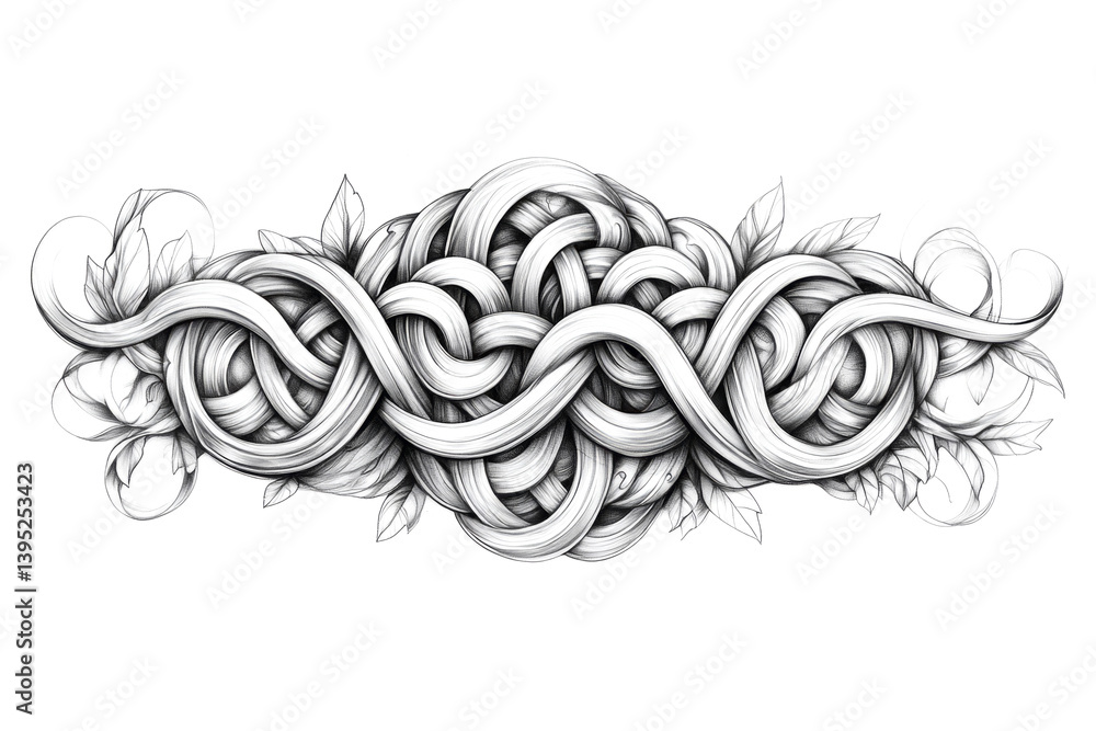 Poster pencil drawing featuring intertwined strands creating a decorative pattern, complemented by leaves