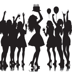 Silhouette of Friends Celebrating Birthday Party with Cake and Balloons
