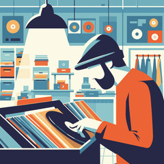 Vintage Vinyl Record Store Shopping Illustration in Retro Style