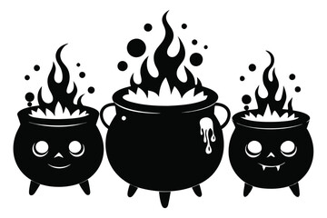 Three Witch Cauldron Cartoon with Flame and Bubbles 
