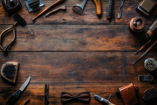 Vintage grooming tools on wooden surface - Powered by Adobe