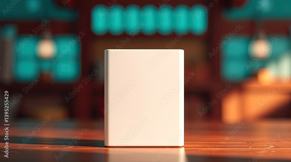 Poster a single blank rectangular object on a reflective wooden surface