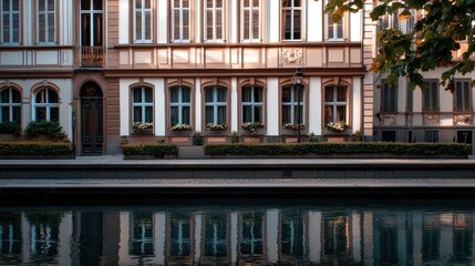 Obraz premium Charming Historic Building Reflected in Calm Waterway at Sunset
