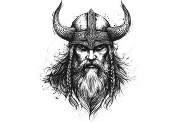 Black and white drawing of powerful viking warrior wearing horned helmet, long braids, and full beard