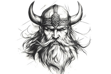 Black and white illustration of powerful viking warrior wearing horned helmet, long beard flowing in wind, conveying strength and fierceness