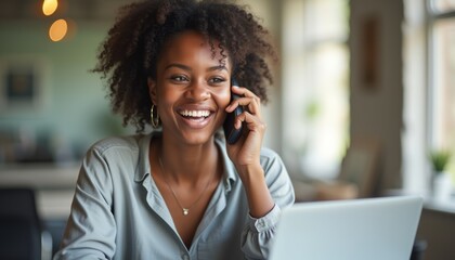 A joyful young woman with curly hair is engaged in a lively phone conversation, radiating positivity and enthusiasm. Her bright smile and relaxed demeanor create an inviting atmosphere, showcasing the