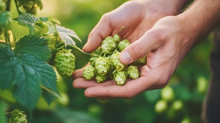 Male hands holding fresh green hops in sunlit field
