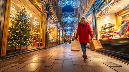 Woman shopping in European city's Christmas market at night