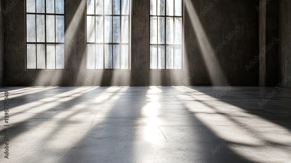 Poster sunlight streaming through windows in an empty industrial space