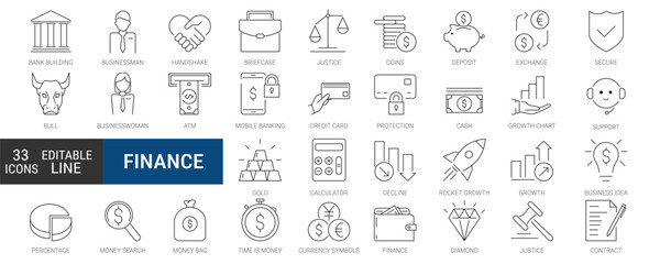 Finance and business, editable stroke line icon set with money, bank, credit card, deposit, auction, exchange, piggy, calculator, contract, growth web and more isolated outline thin symbol 