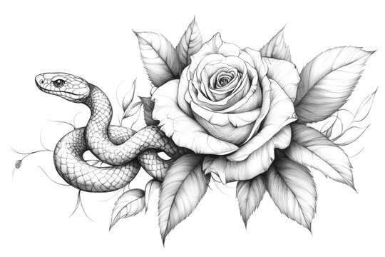Pencil drawing of a snake intertwined with a rose, creating a symbolic representation of temptation and beauty