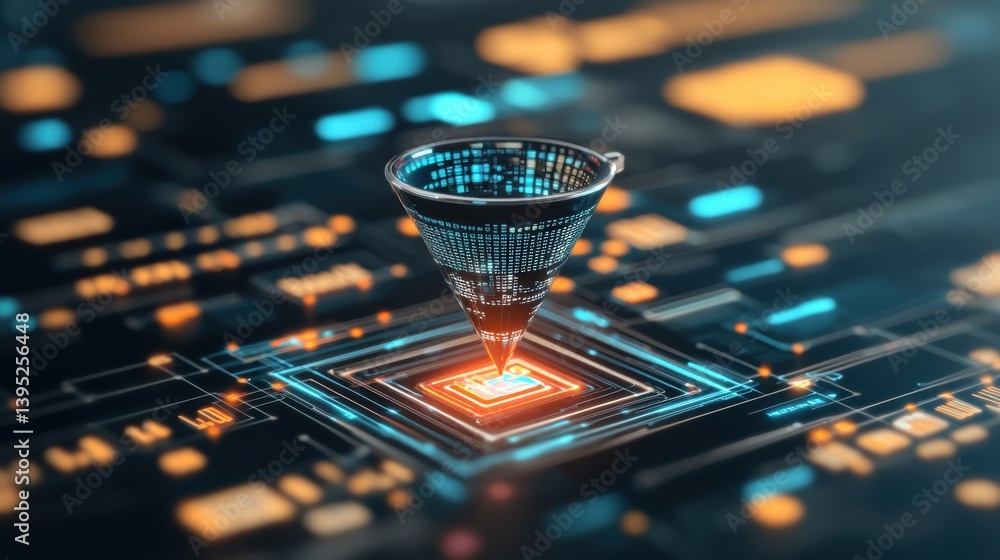 Aufkleber a digital funnel graphic over a circuit board, symbolizing data processing and technology in a vibra