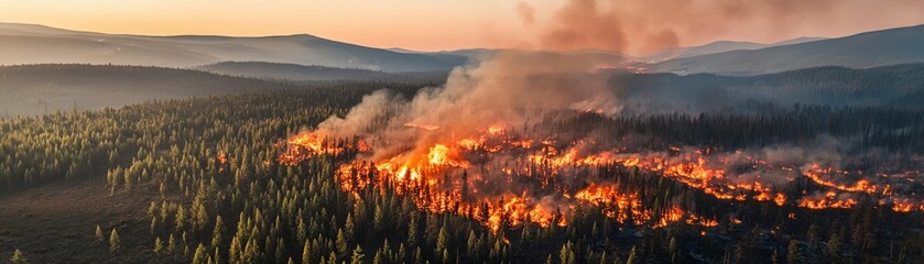 Fototapeta premium A dramatic landscape shows a forest fire engulfing trees, emitting smoke against a sunset backdrop, highlighting the impact of wildfires on nature.