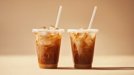 A stylish, light-filled scene with two plastic cups of iced coffee, ice cubes, and straws placed perfectly against a soft beige backdrop.