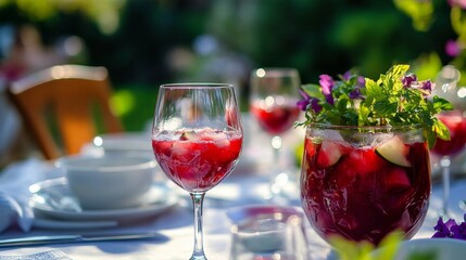Refreshing sangria and summer garden table setting with fresh fruits and flowers