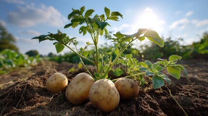 Fresh potatoes in a field at sunset, ready for harvest