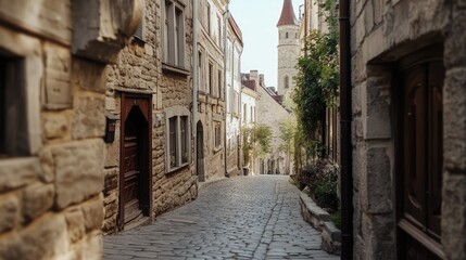 Charming cobblestone street in historical European village setting