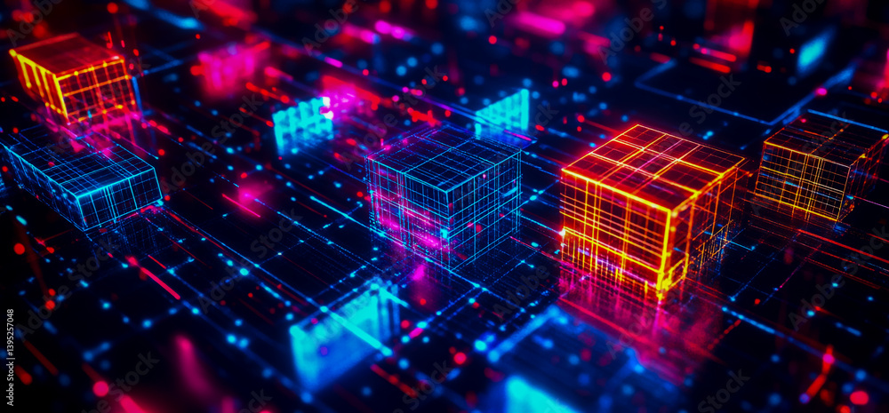 Aufkleber abstract glowing cubes background digital technology network data connection concept neon lights wal