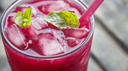 Refreshing iced hibiscus tea with mint leaves and red straw