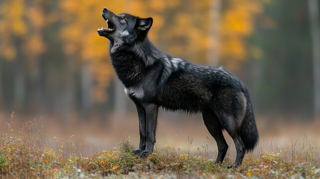 Black wolf howls in autumnal forest
