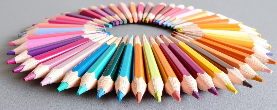 A vibrant arrangement of colored pencils in a circular pattern, showcasing a variety of colors and shades.