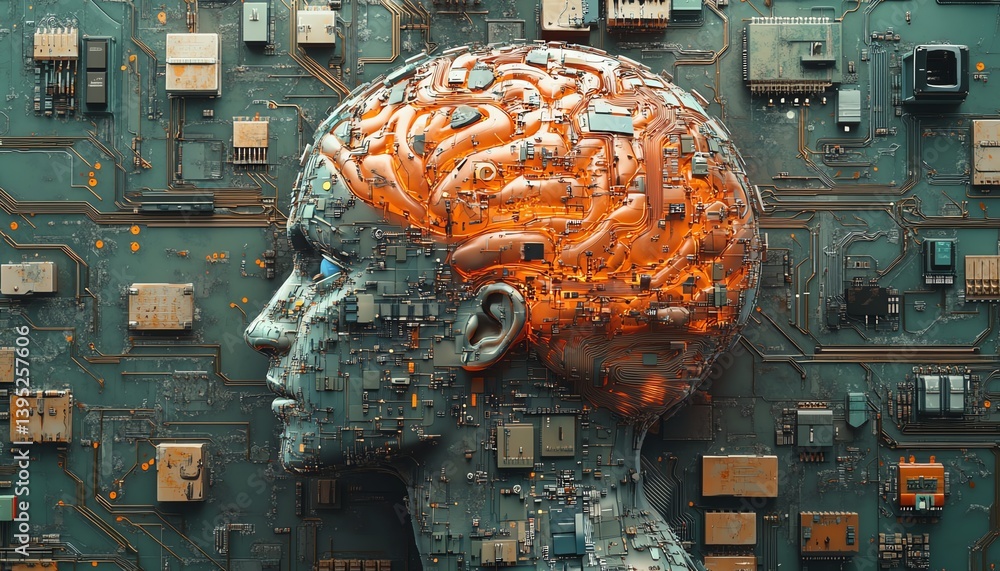 Poster digital brain with ai connections, integrated into a logic board, symbolizing artificial intelligenc