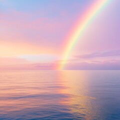 Pastel horizon reflected ocean under stunning rainbow at sunset hour