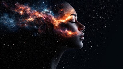 Obraz premium A cosmic portrait of a woman, with a galaxy emerging from her head, symbolizing creativity and the vastness of imagination.