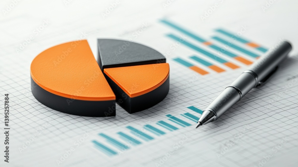 Aufkleber a modern pie chart in orange and black sits beside a sleek pen and bar graph on a grid background, r
