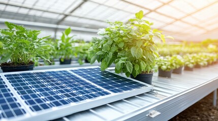 Fototapeta premium A greenhouse featuring vibrant plants alongside solar panels, showcasing sustainable agriculture and renewable energy integration.