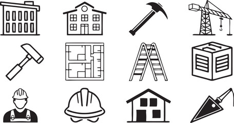 Various construction black and white line icons