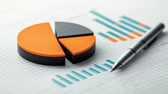 A modern pie chart in orange and black sits beside a sleek pen and bar graph on a grid background, representing data analysis and financial insights.