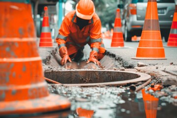 Worker over the open sewer hatch on a street near the traffic cones