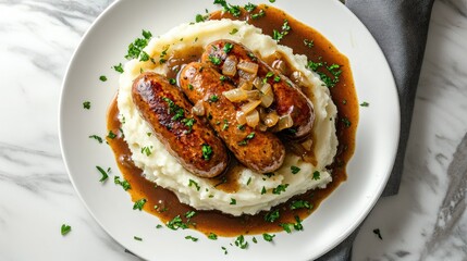 Savory Sausages Served Over Creamy Mashed Potatoes with Gravy
