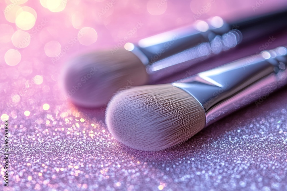 Aufkleber two makeup brushes are lying on a sparkling pink surface with a soft bokeh effect, creating a glamor
