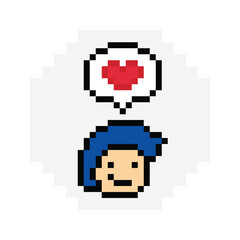 Cute pixel cartoon 8bit character man feel love happy happiness heart emotion decoration in love 8 bit male boy happy favorite like mood game isolated PNG vector.
