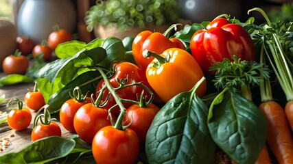 Fresh vibrant vegetables including tomatoes, bell peppers, carrots, spinach, and herbs arranged in a rustic kitchen setting, showcasing healthy organic produce and natural colors
- Powered by Adobe