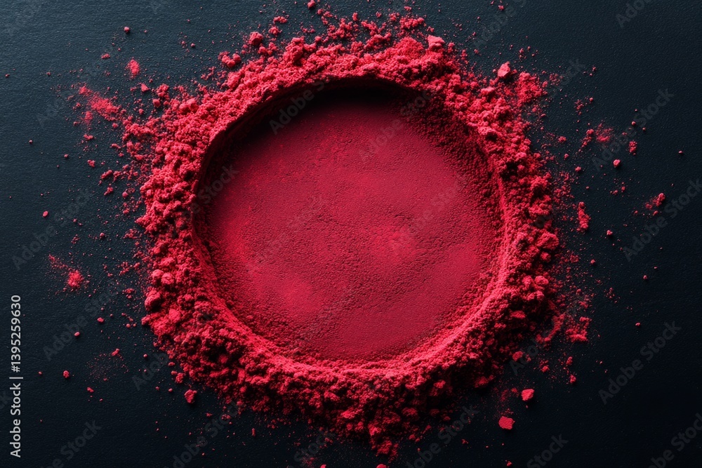 Poster red powder arranged in a circle on a black background, creating negative space