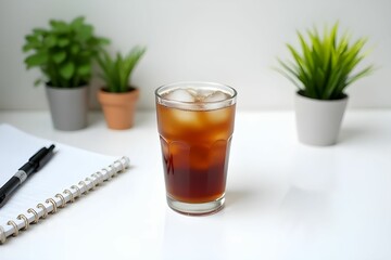 Iced coffee on a desk. Productive morning atmosphere, perfect for journaling, planning, and working from home concept