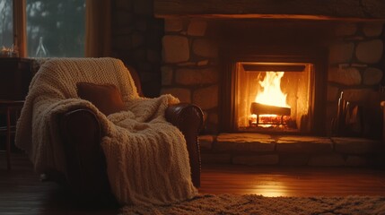 A cozy armchair with a knitted blanket by a roaring fireplace, evoking warmth and comfort in a rustic setting.