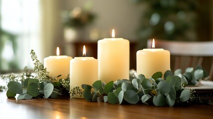 Elegant candle arrangement with eucalyptus leaf d&eacute;cor on wooden table