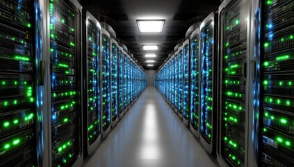 Server room corridor with glowing servers, data center, technology