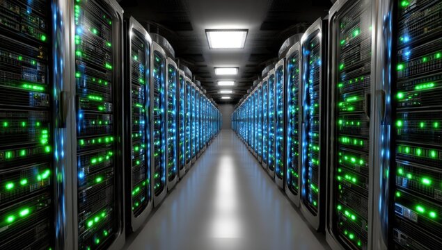 Server room corridor with glowing servers, data center, technology