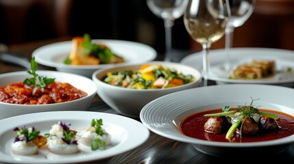 Gourmet dining experience with assorted dishes and wine glasses