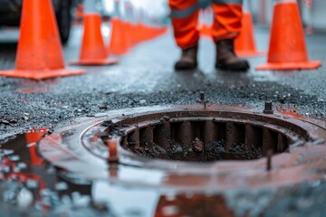 Worker over the open sewer hatch on a street near the traffic cones